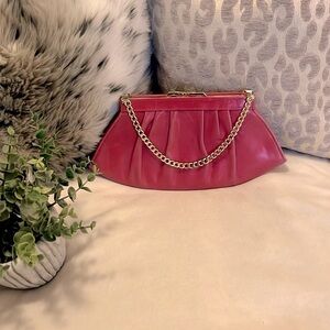 Jafferjees Vintage Pink Leather Pleated Chain Clutch Hand Bag Purse
